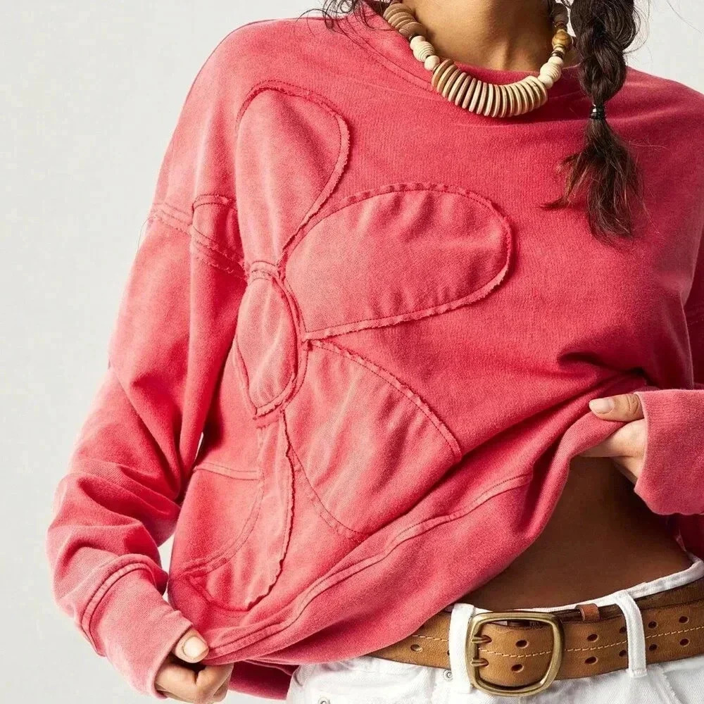 Red Casual Women's Embroidery Design Crew Neck Loose Knit Sweatshirt